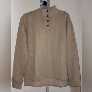 Cross & Crown Beige Cable-Knit Mock Neck Button Elbow Patch Men's XL Sweater